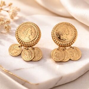 Vintage Gold Coin Statement Earrings – Post Back Dangle Medallion Earrings